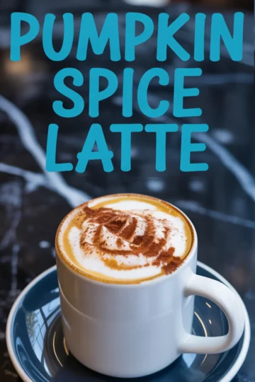 Close-up of a pumpkin spice latte in a white mug on a blue saucer, topped with swirled frothed milk and dusted cinnamon, labeled with bold pumpkin spice latte text.