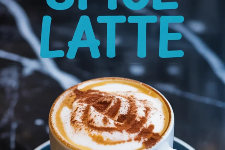 Close-up of a pumpkin spice latte in a white mug on a blue saucer, topped with swirled frothed milk and dusted cinnamon, labeled with bold pumpkin spice latte text.