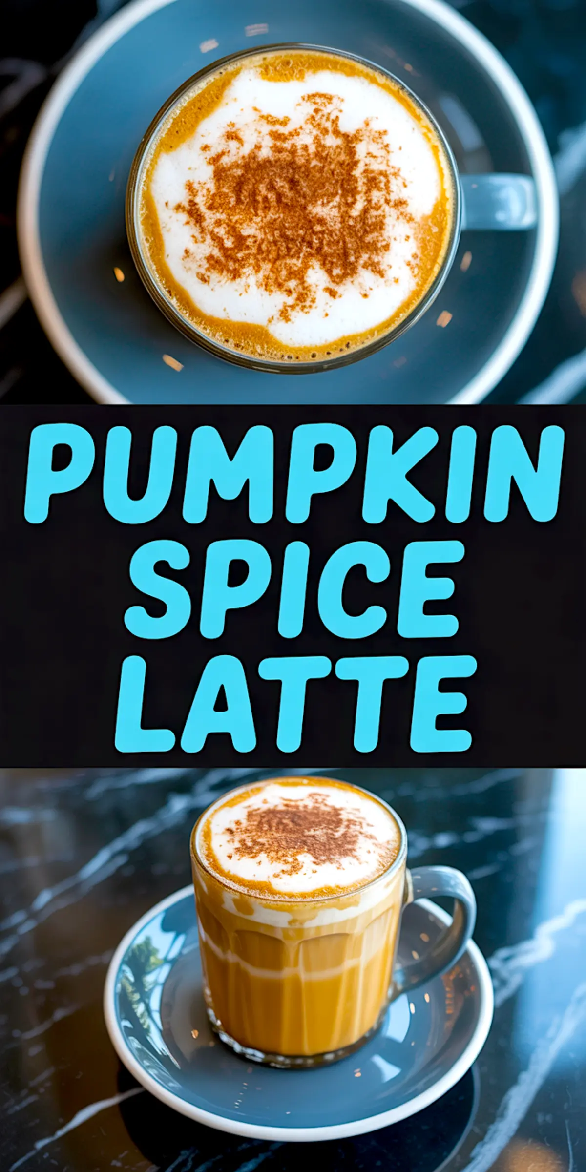 Pumpkin spice latte in a clear glass mug with visible milk layers and cinnamon topping, served on a blue saucer over a black marble table.