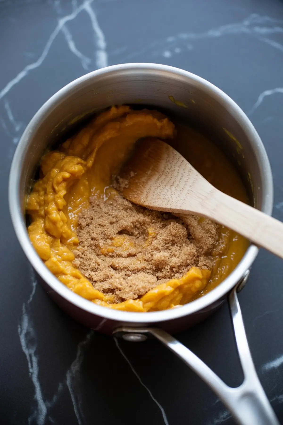 Pumpkin purée in a saucepan being mixed with brown sugar using a wooden spatula, set on a dark marble countertop.