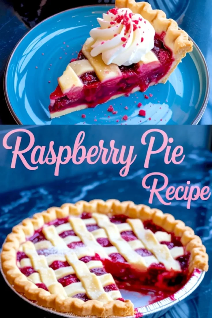 Collage showing a slice of raspberry pie topped with whipped cream on a blue plate and a whole lattice-top raspberry pie with golden crust, labeled “Raspberry Pie Recipe” in pink script.