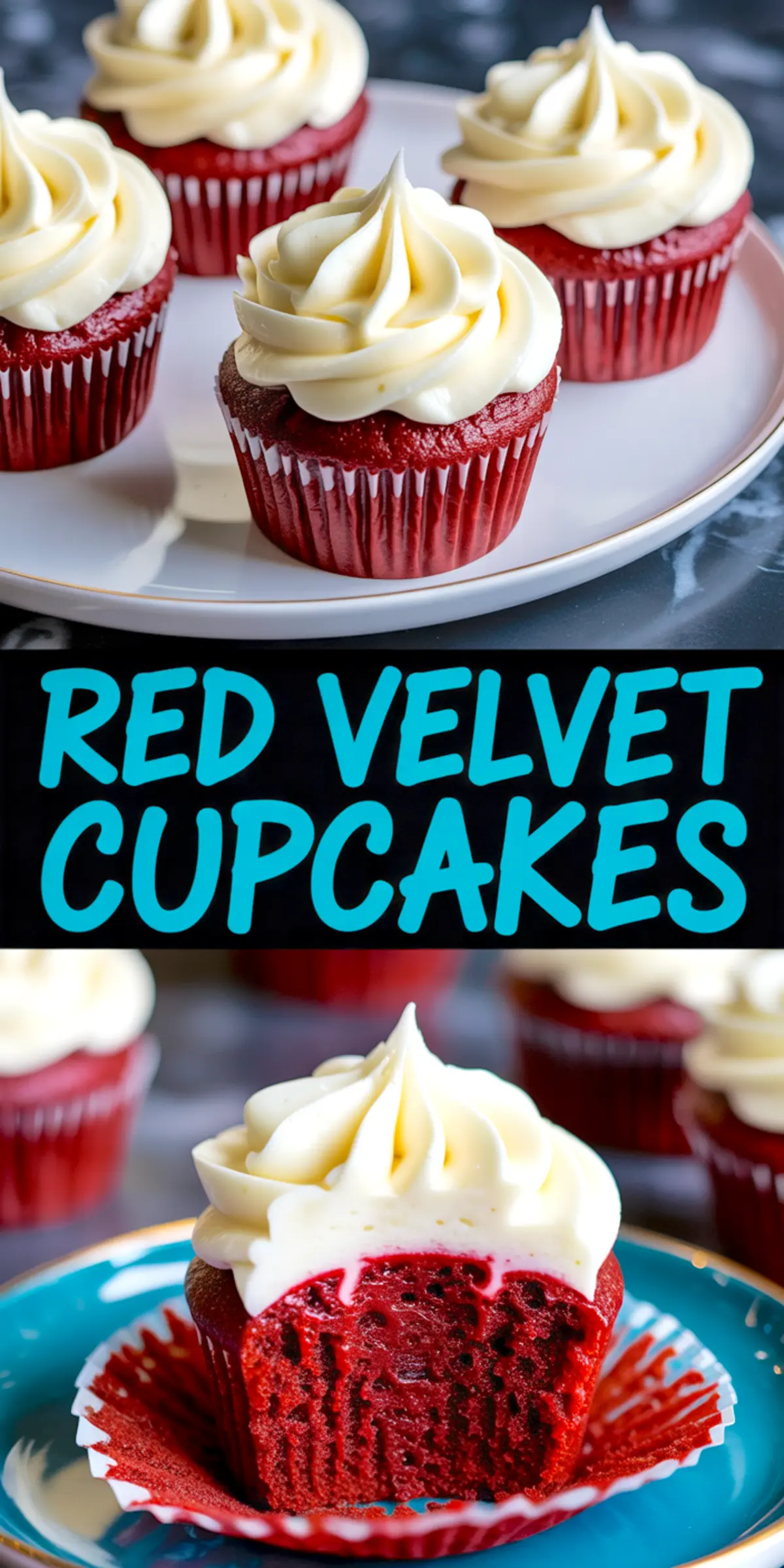 Close-up of red velvet cupcakes topped with creamy swirls of vanilla frosting, displayed on a white plate. One cupcake is shown with a bite revealing its moist red interior, highlighting the rich cocoa flavor and vibrant color.