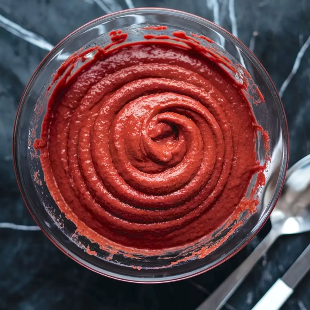 Glass mixing bowl filled with smooth, freshly mixed red velvet cupcake batter, swirled into a spiral pattern. The deep red hue contrasts with the dark marble countertop.