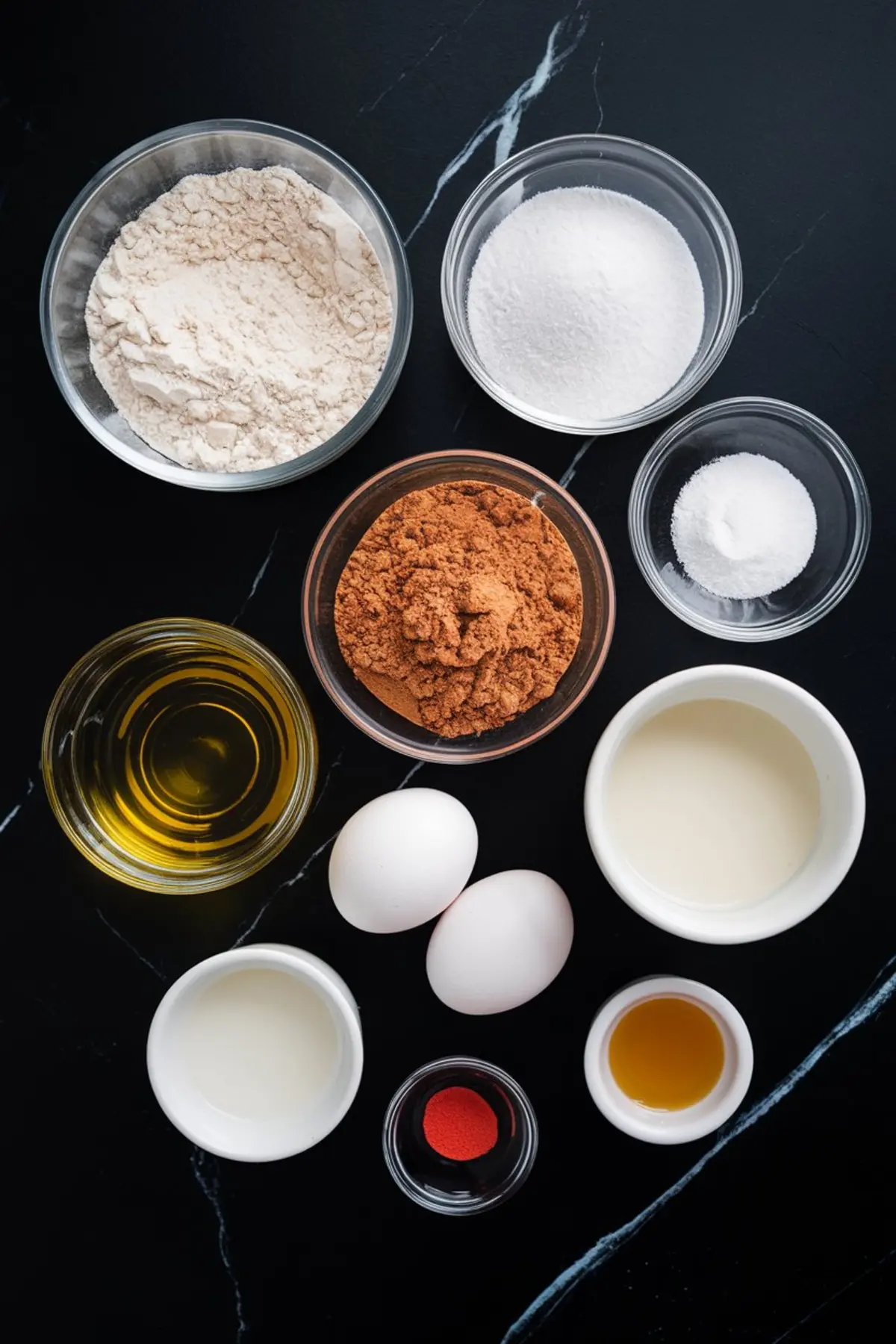 Flat lay of measured ingredients for red velvet cupcakes on a black marble surface. Includes flour, sugar, cocoa powder, baking soda, eggs, oil, buttermilk, vinegar, vanilla extract, and red food coloring.
