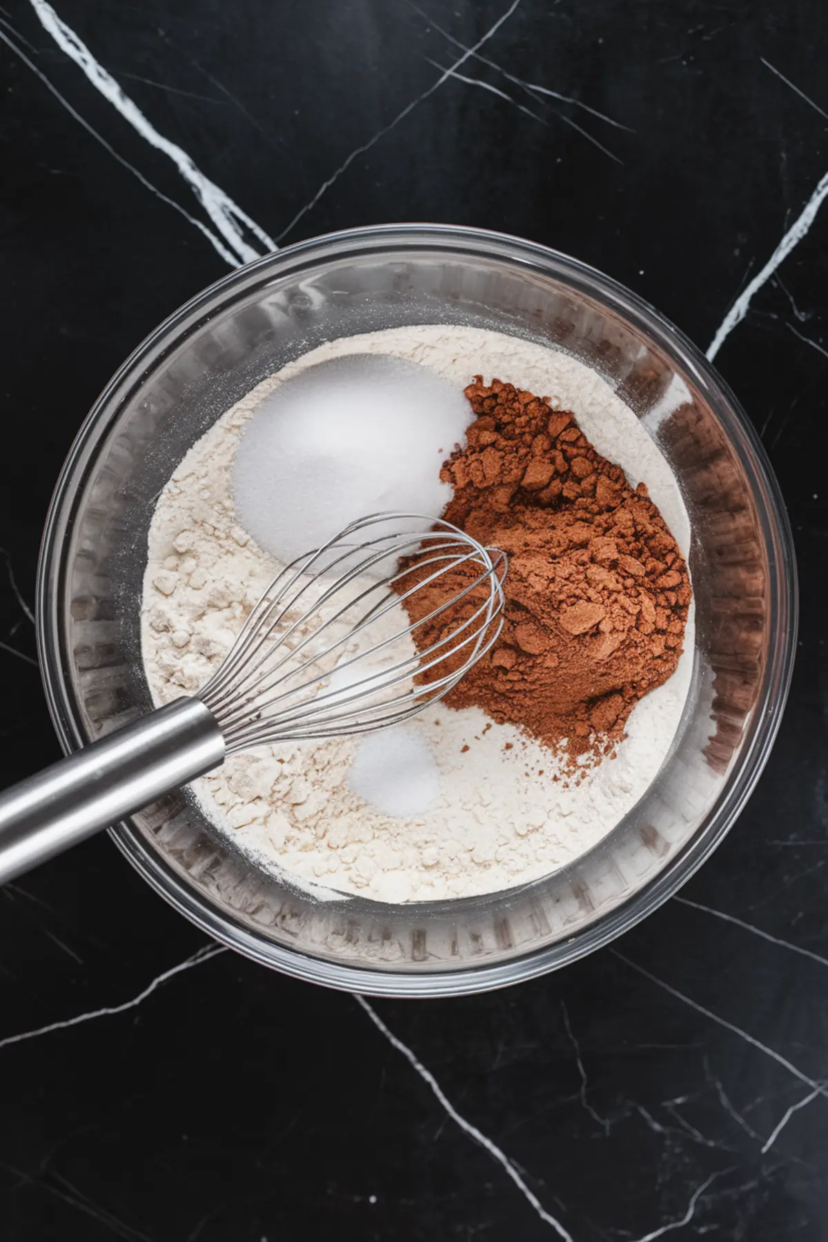 Dry ingredients for red velvet cupcakes in a glass bowl with a stainless steel whisk. Cocoa powder, flour, sugar, and salt are ready to be mixed on a black marble countertop.