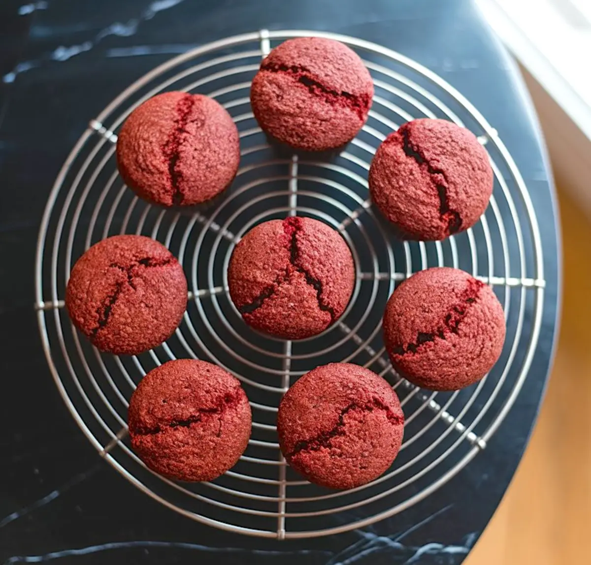 Freshly baked red velvet cupcakes cooling on a round metal wire rack. The cupcakes have signature cracks on top, showcasing their rich cocoa-based red interior.