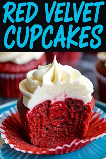 Red velvet cupcake with a bite taken out, revealing its vibrant red interior and moist texture. The creamy swirl of frosting sits atop the rich cupcake on a blue plate.