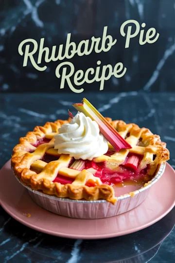 Baked rhubarb pie with a golden lattice crust and a dollop of whipped cream on top, served on a pink plate with text overlay reading "Rhubarb Pie Recipe."
