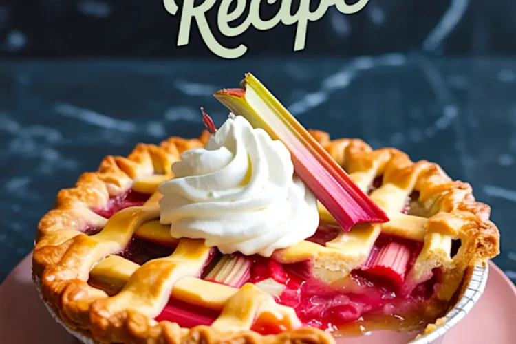 Baked rhubarb pie with a golden lattice crust and a dollop of whipped cream on top, served on a pink plate with text overlay reading "Rhubarb Pie Recipe."