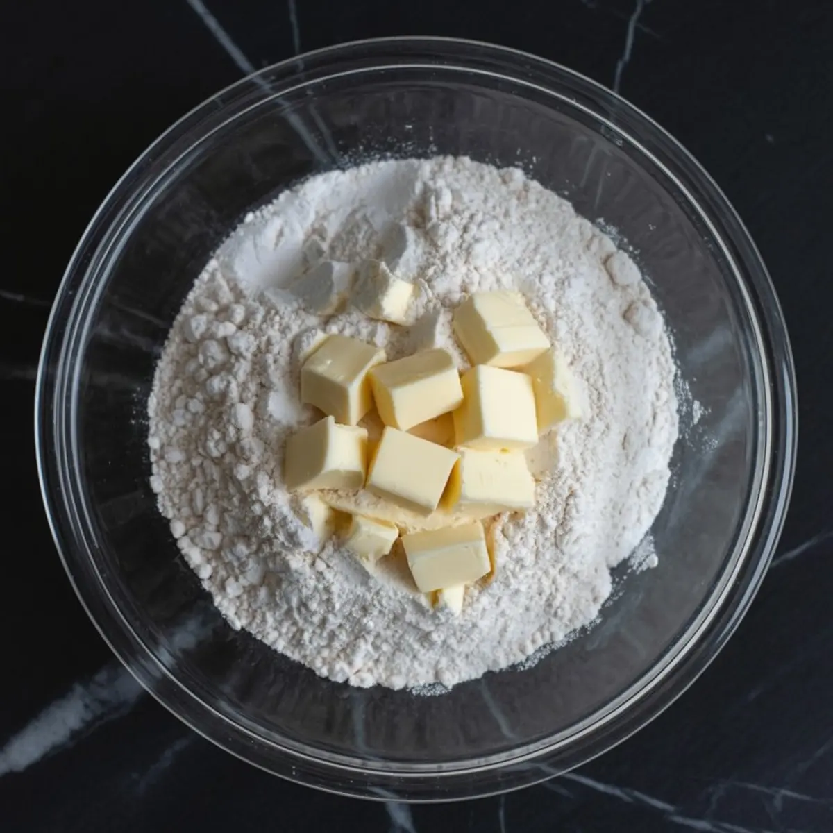 Cubes of cold butter rest on a mound of all-purpose flour inside a clear glass bowl, prepared for mixing pastry dough.