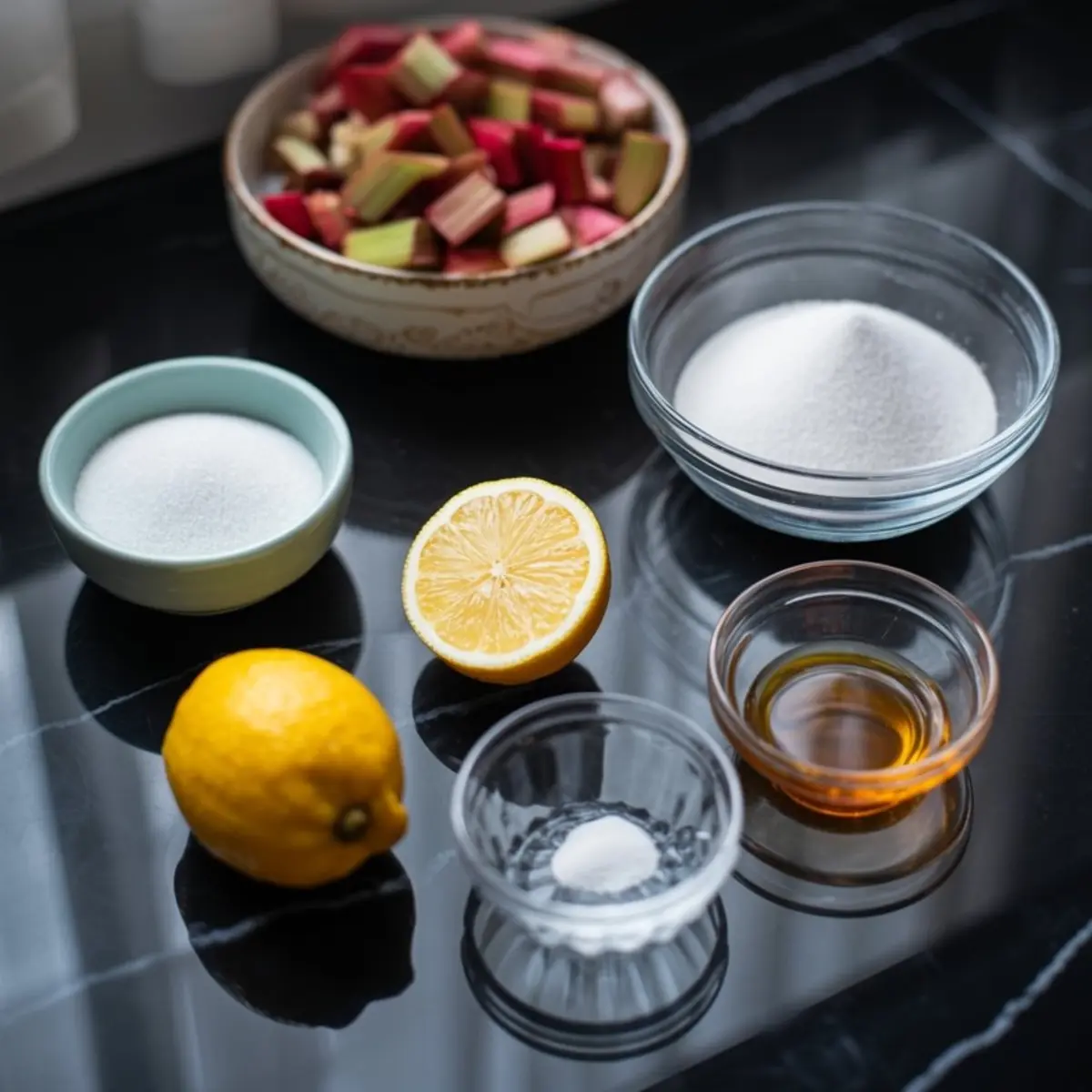Assorted rhubarb pie ingredients including chopped rhubarb, granulated sugar, lemon halves, lemon juice, salt, and vanilla extract arranged in small bowls on a black marble surface.