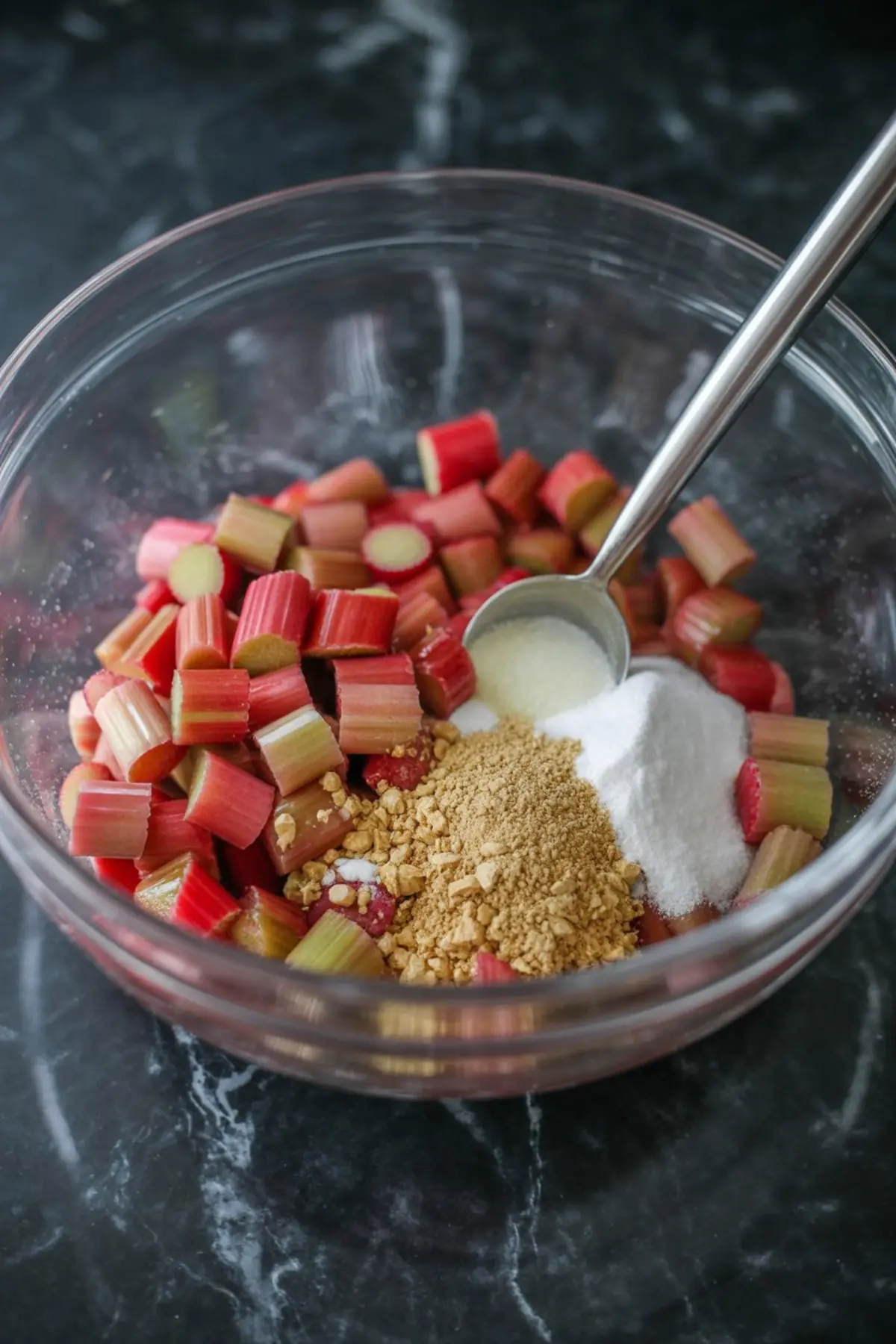 Glass mixing bowl filled with chopped rhubarb, sugar, ground ginger, and cornstarch, with a metal spoon resting inside, placed on a dark marble surface.