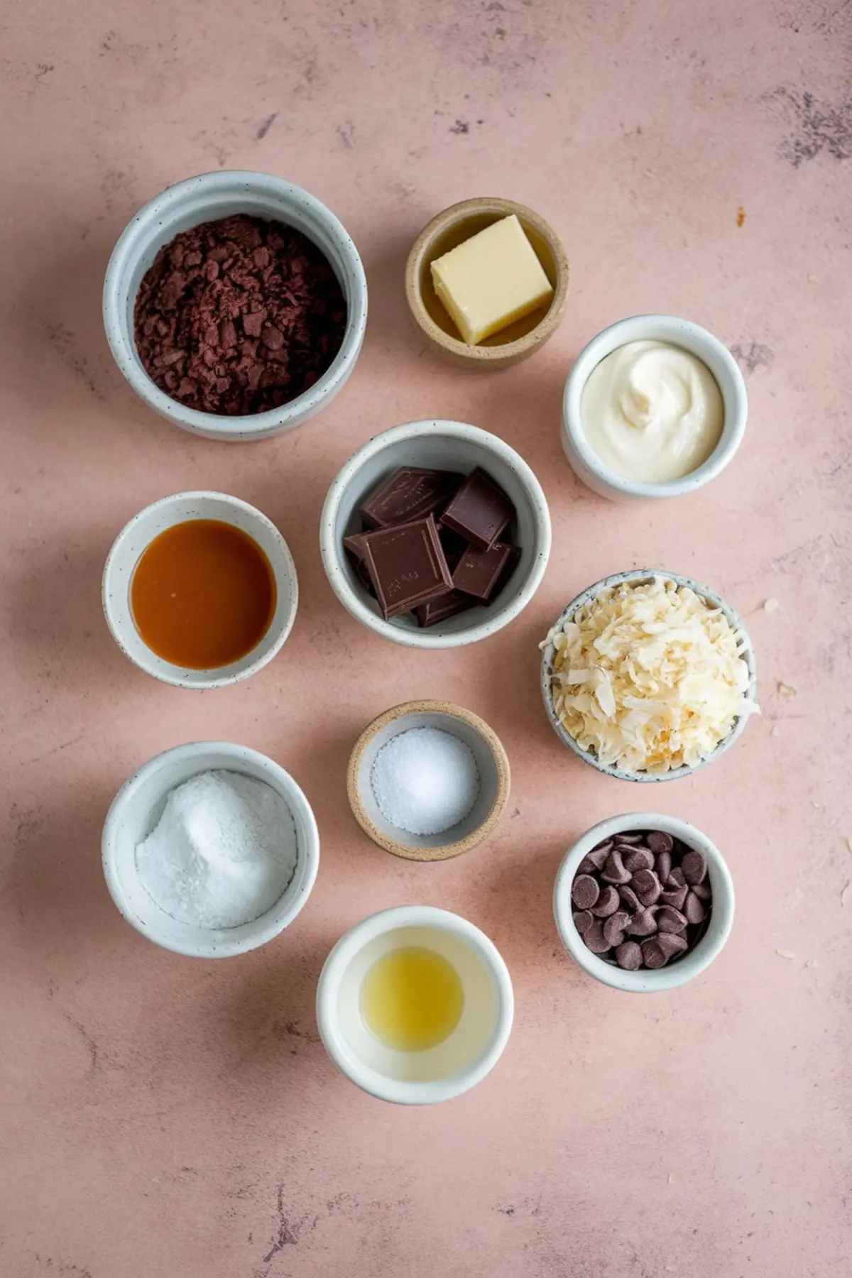 Flat lay of Samoas cookie pie ingredients arranged on a pink surface, including cocoa powder, butter, sour cream, caramel sauce, chopped dark chocolate, shredded coconut, baking powder, salt, vanilla extract, and chocolate chips in small bowls.
