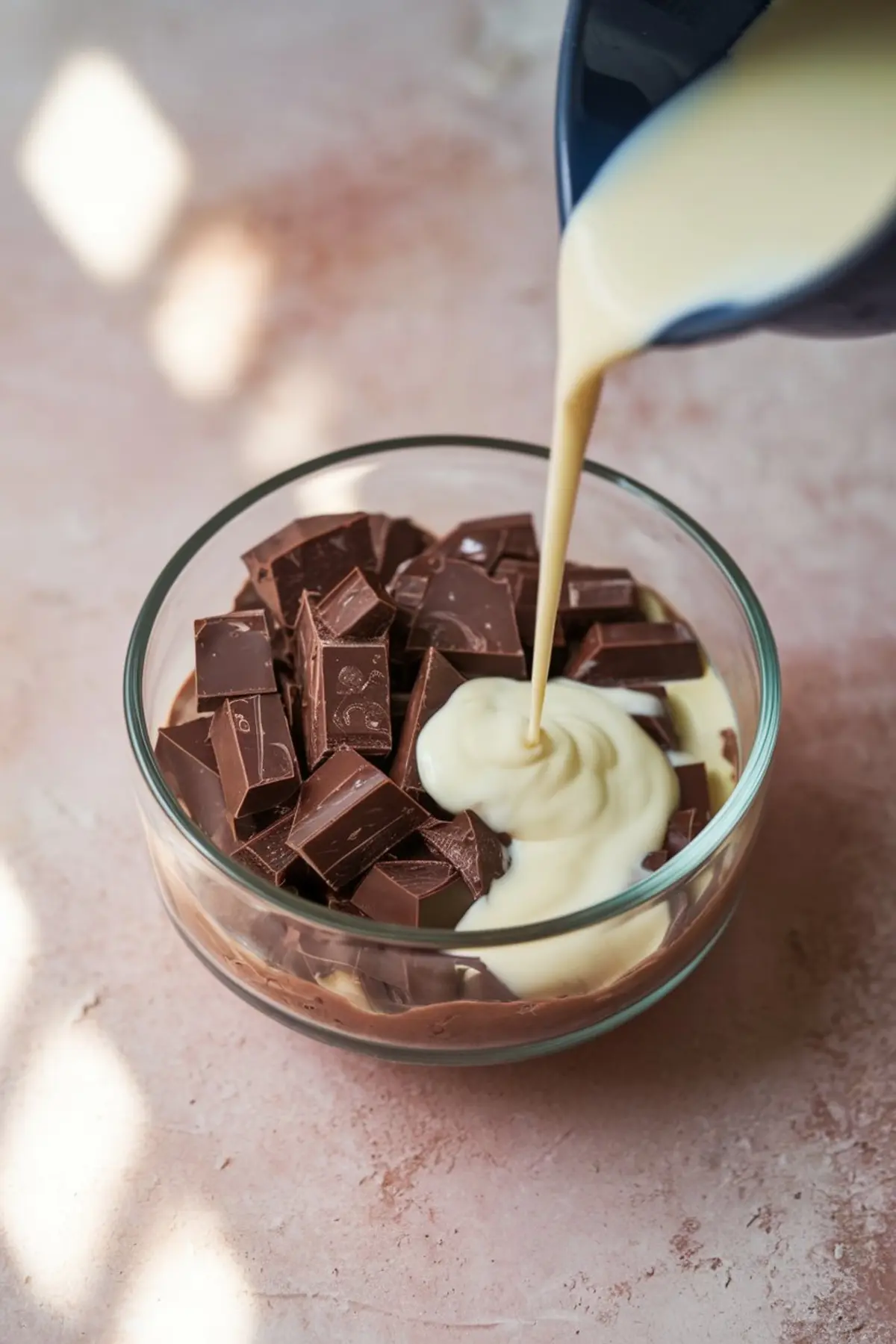 Close-up of cream being poured into a glass bowl containing chopped dark chocolate on a pink countertop, showing the preparation of chocolate ganache.