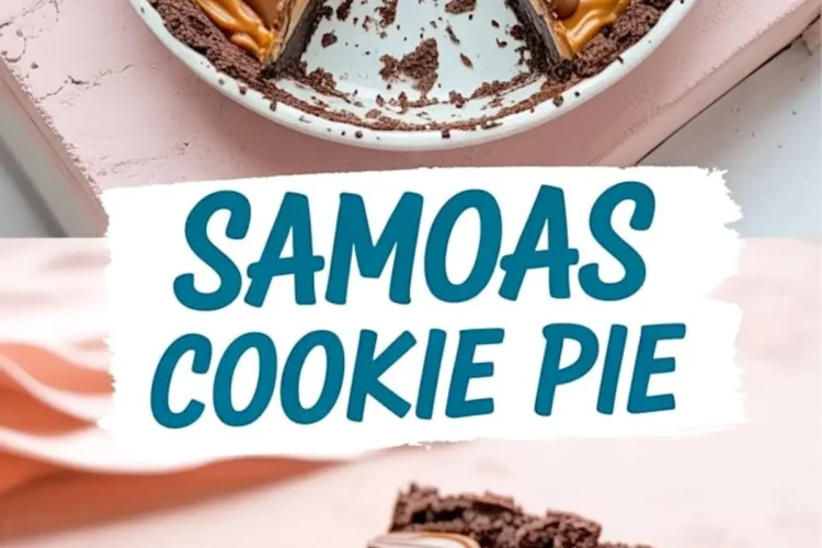 Vertical collage of two images featuring Samoas cookie pie: the top image shows the whole pie with a slice removed, and the bottom image shows a slice on a white plate. Both images display toasted coconut topping and chocolate drizzle. The text “SAMOAS COOKIE PIE” is placed over the collage in bold blue letters.