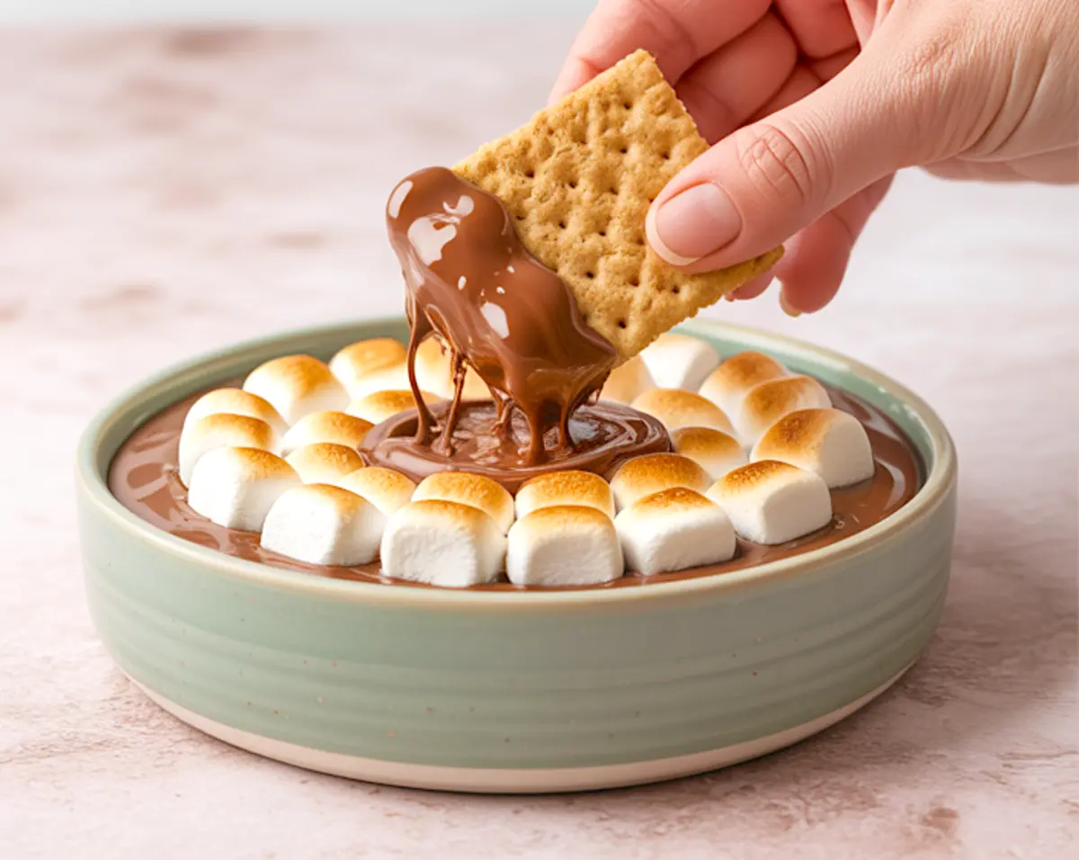 A hand dipping a graham cracker into a s’mores dip made of melted chocolate and toasted marshmallows in a green ceramic bowl.
