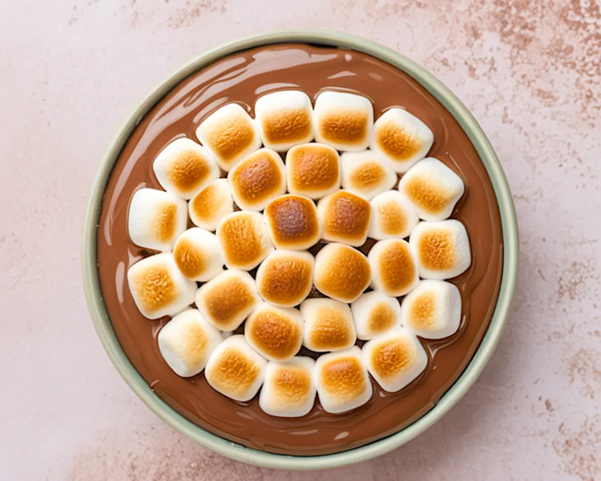 Top-down view of a green bowl filled with melted chocolate and perfectly toasted mini marshmallows arranged in concentric circles.
