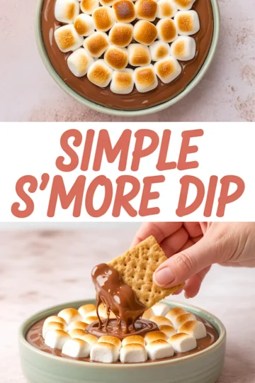 Collage image showing a top-down view of s’mores dip with toasted marshmallows, text reading “Simple S’more Dip,” and a hand dipping a graham cracker into the melted chocolate and marshmallow mixture.
