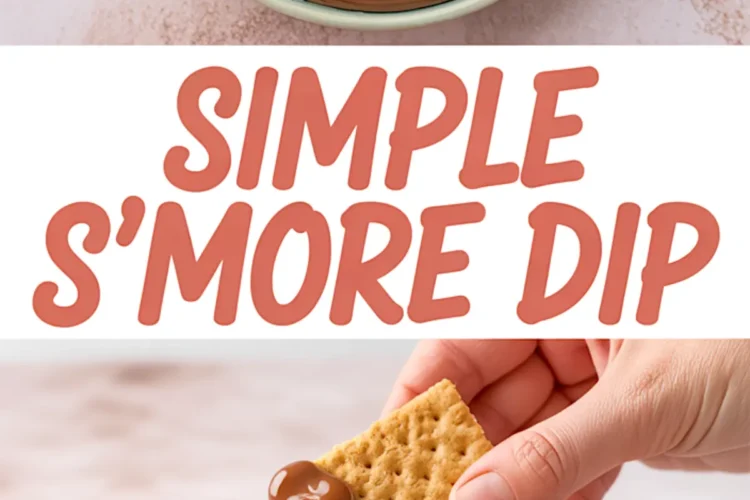 Collage image showing a top-down view of s’mores dip with toasted marshmallows, text reading “Simple S’more Dip,” and a hand dipping a graham cracker into the melted chocolate and marshmallow mixture.