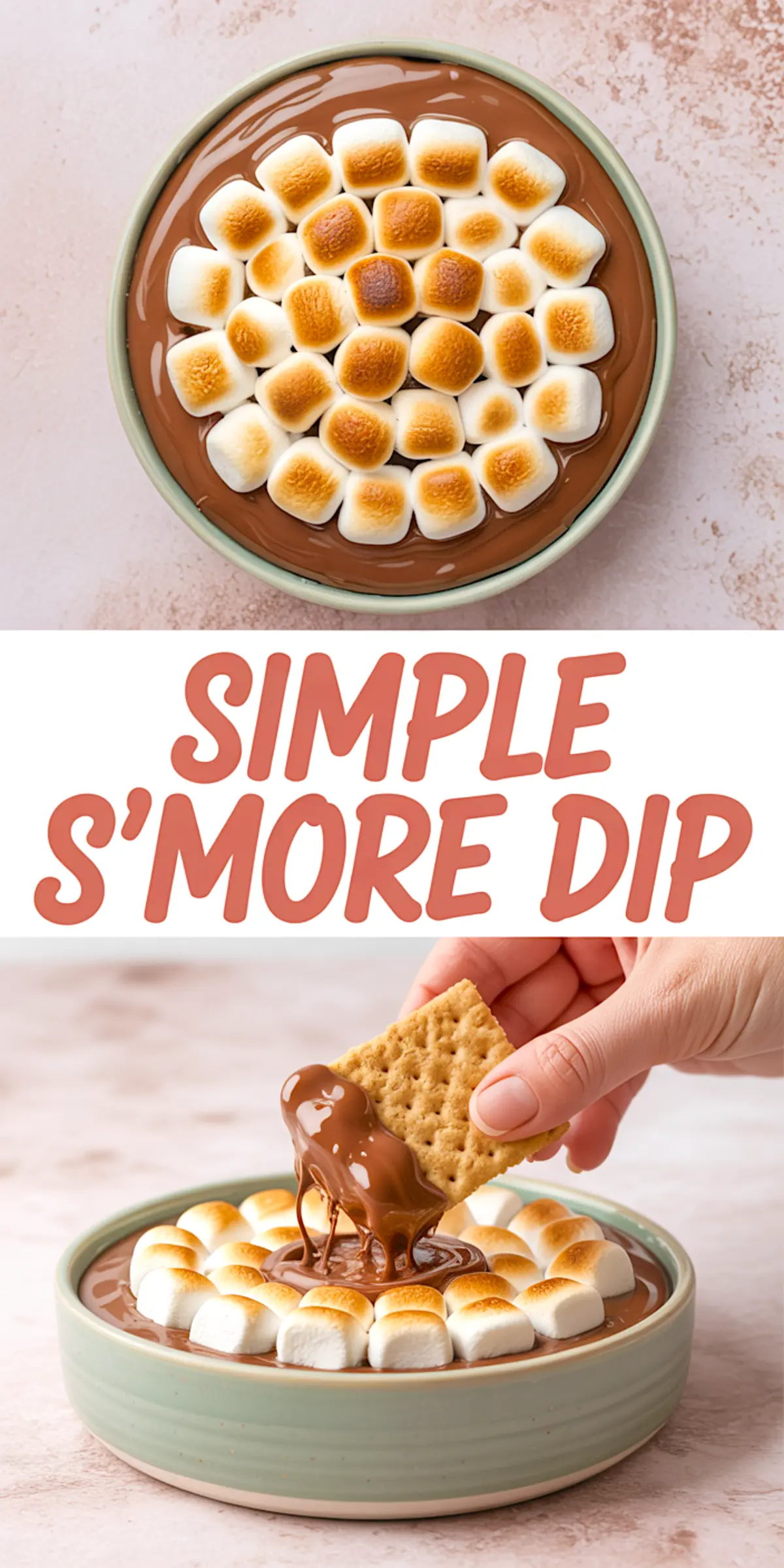 Collage image with a top-down view of s’mores dip with toasted marshmallows, text reading “Simple S’More Dip,” and a close-up of a hand dipping a graham cracker into the melted chocolate and marshmallow mixture.

