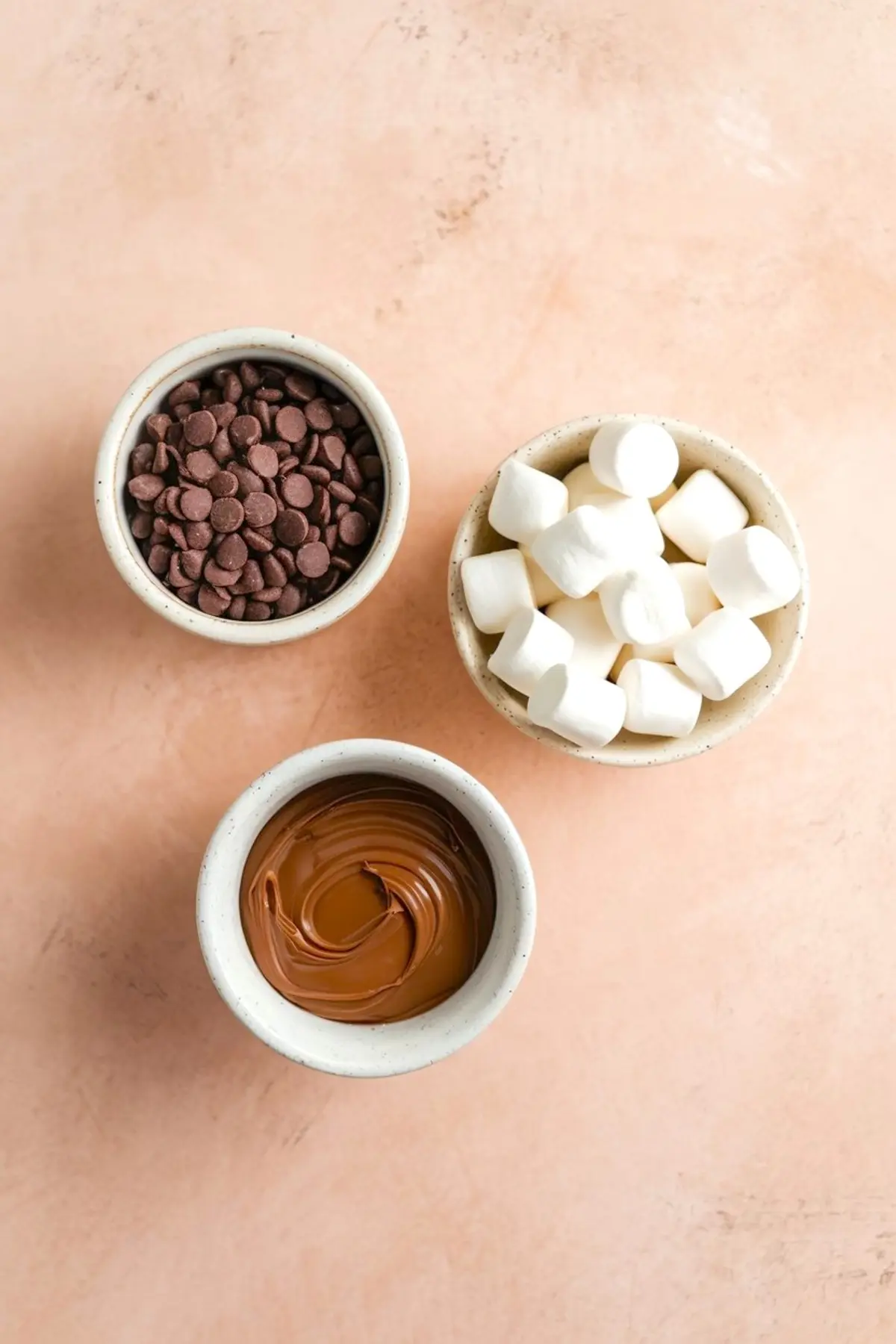 Three small ceramic bowls containing chocolate chips, mini marshmallows, and swirled melted milk chocolate arranged on a peach-colored background.
