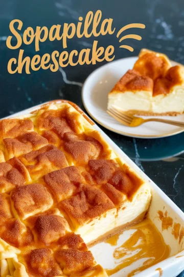 Collage featuring sopapilla cheesecake with golden cinnamon sugar topping in a baking dish, alongside a plated slice showing creamy layers and flaky crust.