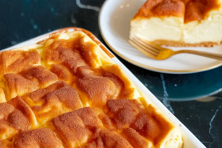 Collage featuring sopapilla cheesecake with golden cinnamon sugar topping in a baking dish, alongside a plated slice showing creamy layers and flaky crust.
