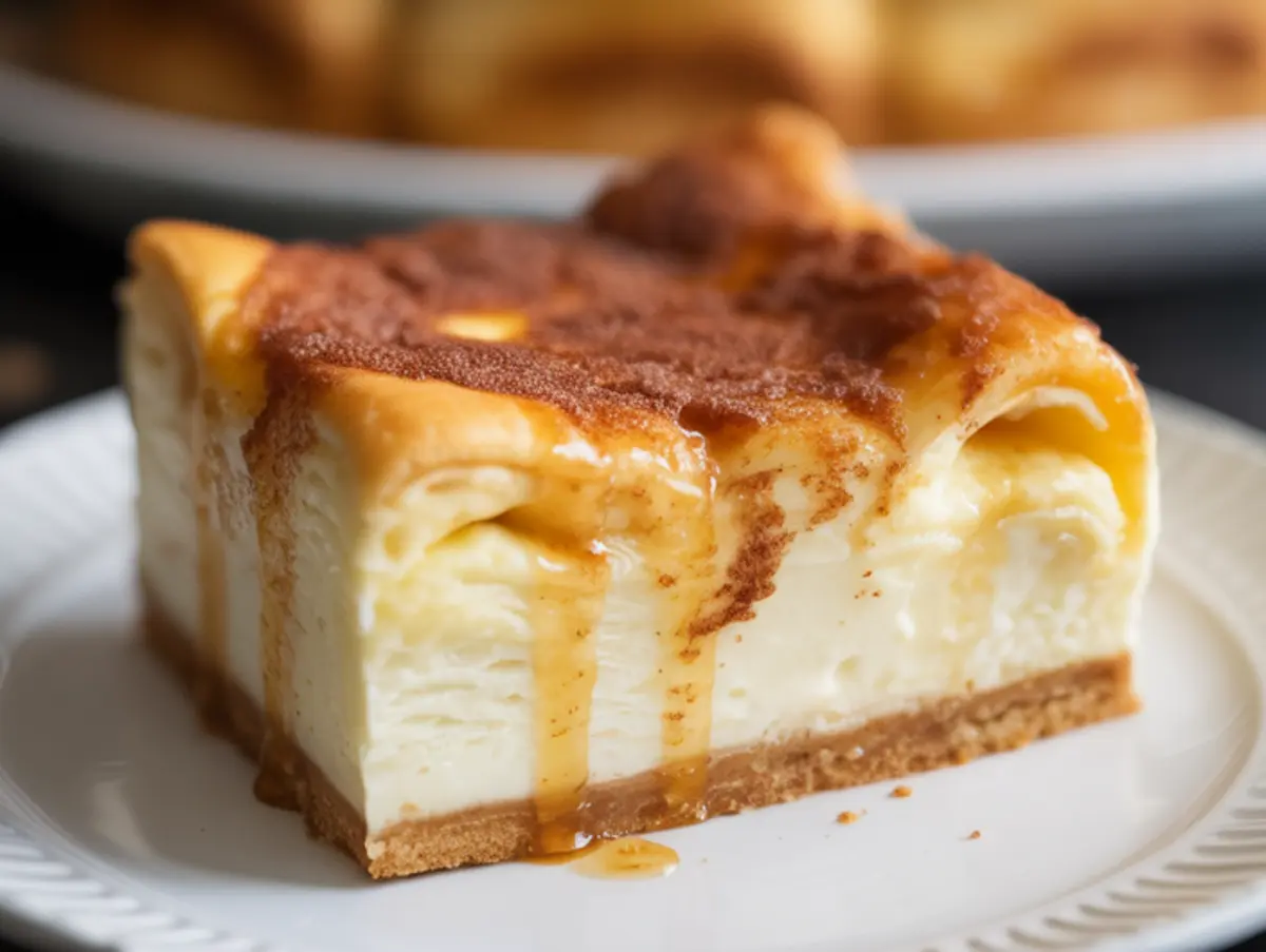 Close-up of a single slice of sopapilla cheesecake on a white plate, highlighting the thick cream cheese layer, crisp crust, and caramel drizzle.