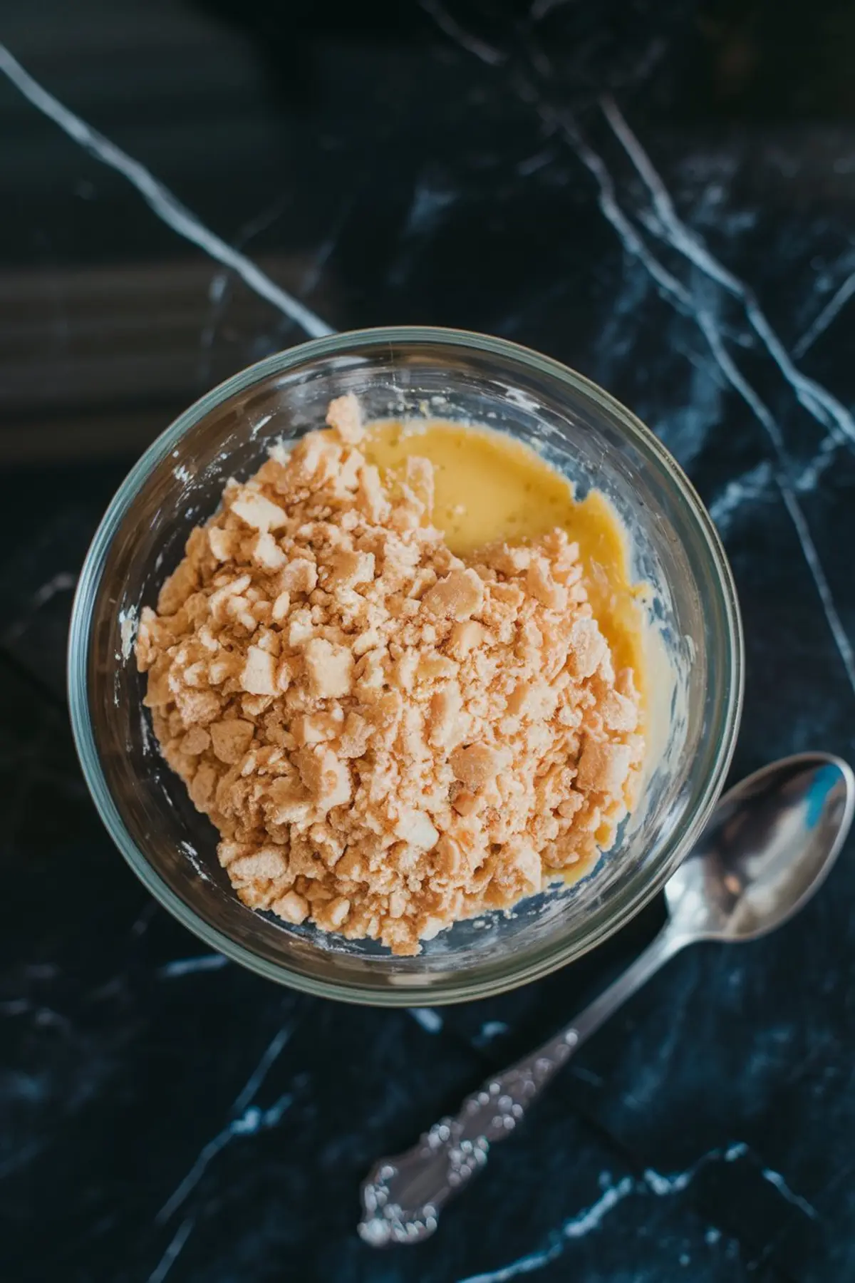 Glass bowl containing crushed graham crackers mixed with melted butter and sugar, forming a crumbly crust mixture for cheesecake preparation.