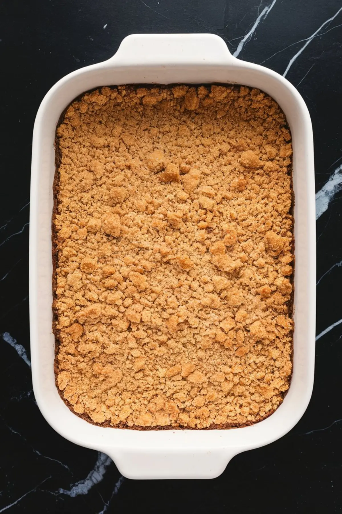 Golden-brown graham cracker crust baked in a white rectangular baking dish, showcasing a perfectly even and crisp texture on a black marble countertop.