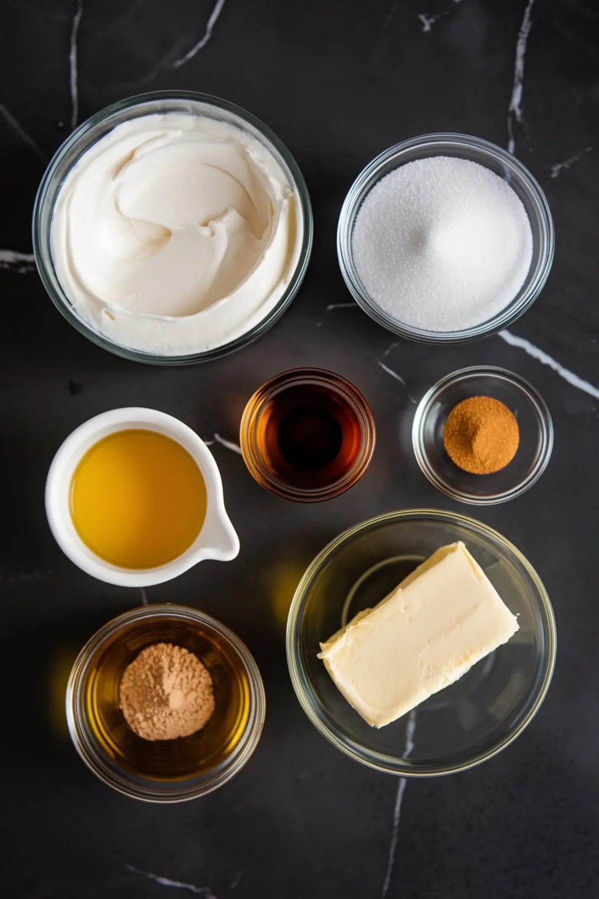 Flat lay of cheesecake ingredients in small glass bowls, including cream cheese, granulated sugar, melted butter, vanilla extract, cinnamon, and honey, arranged on a black marble surface.