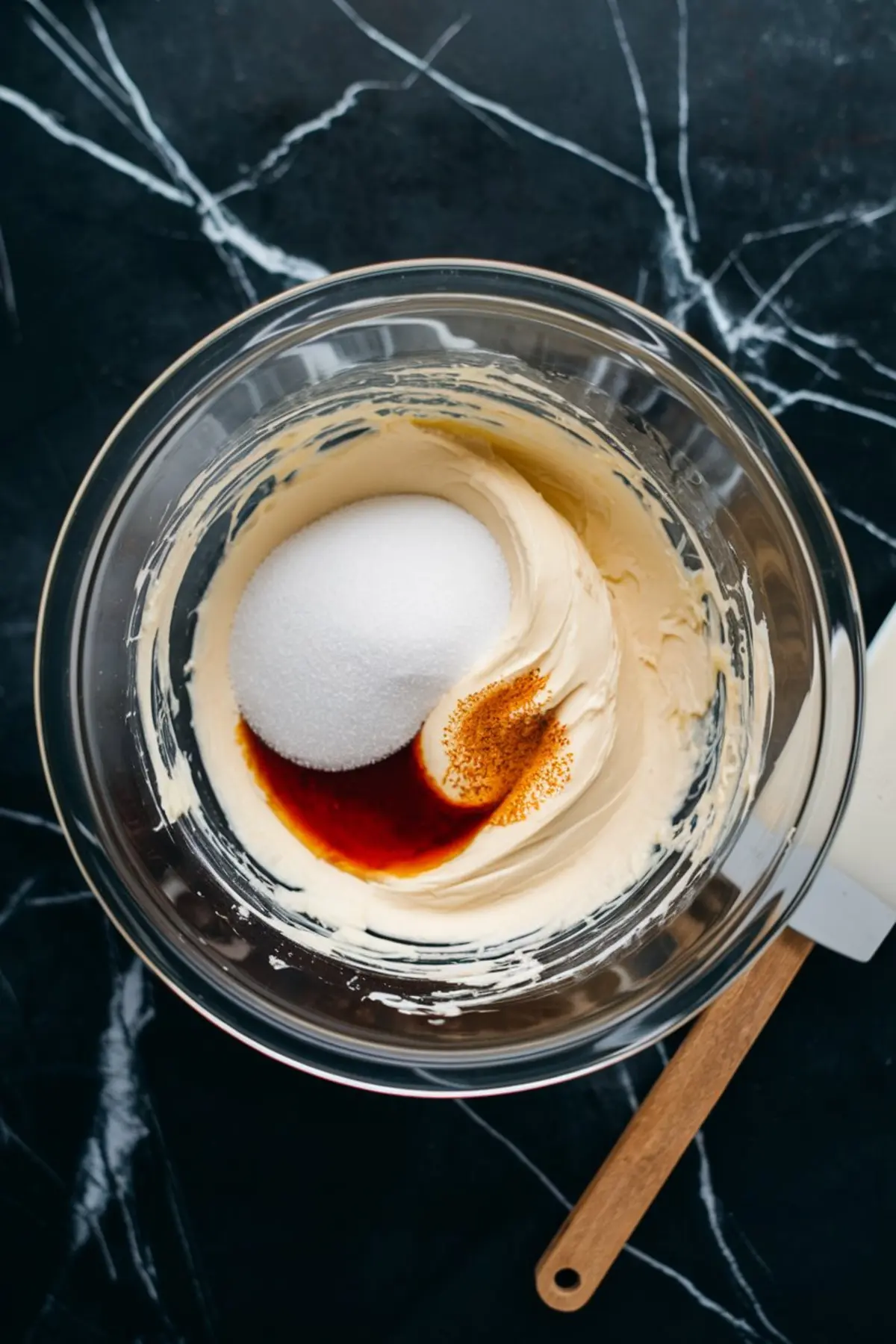 Cream cheese mixture in a glass mixing bowl with granulated sugar, vanilla extract, and cinnamon on top, ready to be blended for cheesecake filling.
