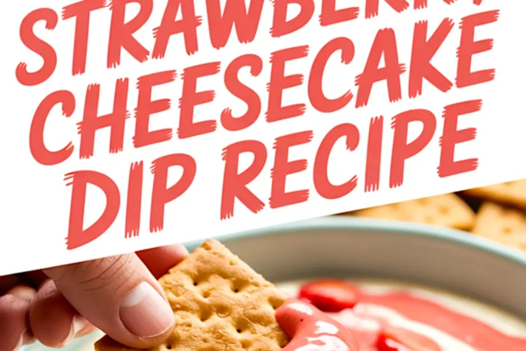 Collage image of strawberry cheesecake dip topped with strawberry sauce and sliced strawberries, with bold text “Strawberry Cheesecake Dip Recipe” and a hand dipping a graham cracker into the dip.