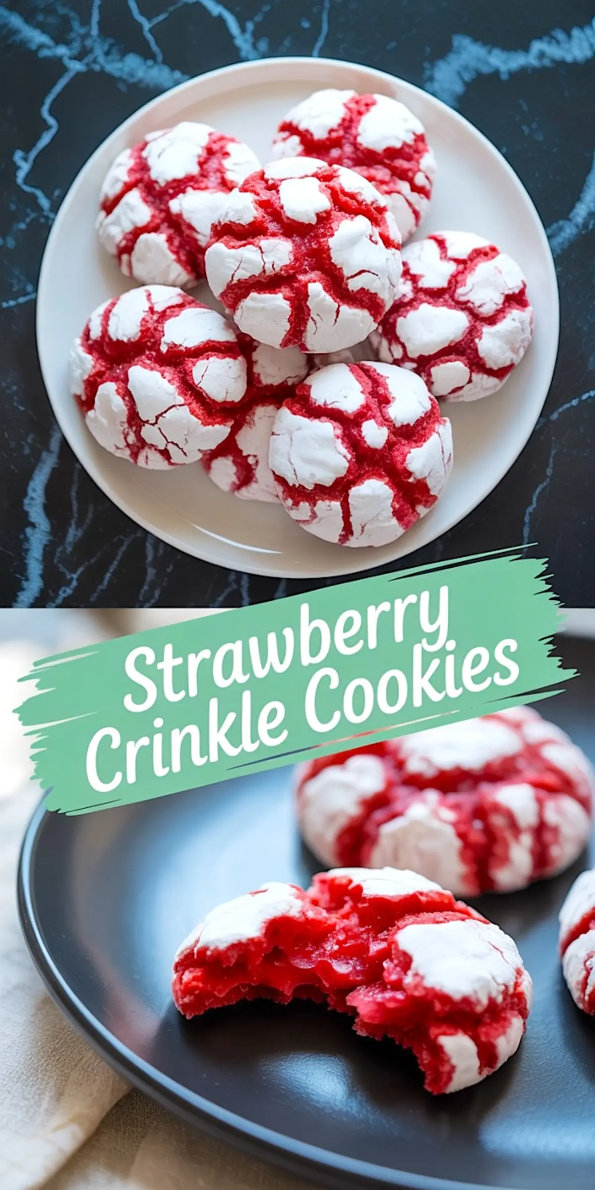 Collage showing strawberry crinkle cookies on a plate with deep cracks revealing bright red interiors, and the text “Strawberry Crinkle Cookies” written across a green brushstroke. The bottom image highlights a bitten cookie with a moist, vibrant center on a black plate.