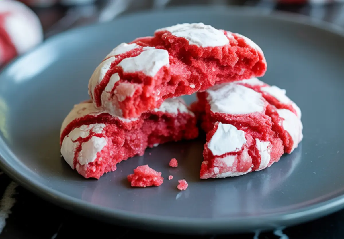 Close-up of strawberry crinkle cookies with vibrant red interiors and powdered sugar coating, displayed on a dark plate. The cracked surface shows the soft, chewy texture of the cookie, highlighting the contrast between the bright red and white sugar topping.
