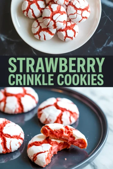 Collage featuring strawberry crinkle cookies arranged on a white plate and displayed on a dark surface, with bold green text reading “Strawberry Crinkle Cookies.” The bottom half shows bitten cookies exposing the soft, strawberry-flavored interior.