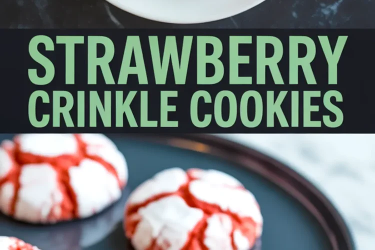 Collage featuring strawberry crinkle cookies arranged on a white plate and displayed on a dark surface, with bold green text reading “Strawberry Crinkle Cookies.” The bottom half shows bitten cookies exposing the soft, strawberry-flavored interior.