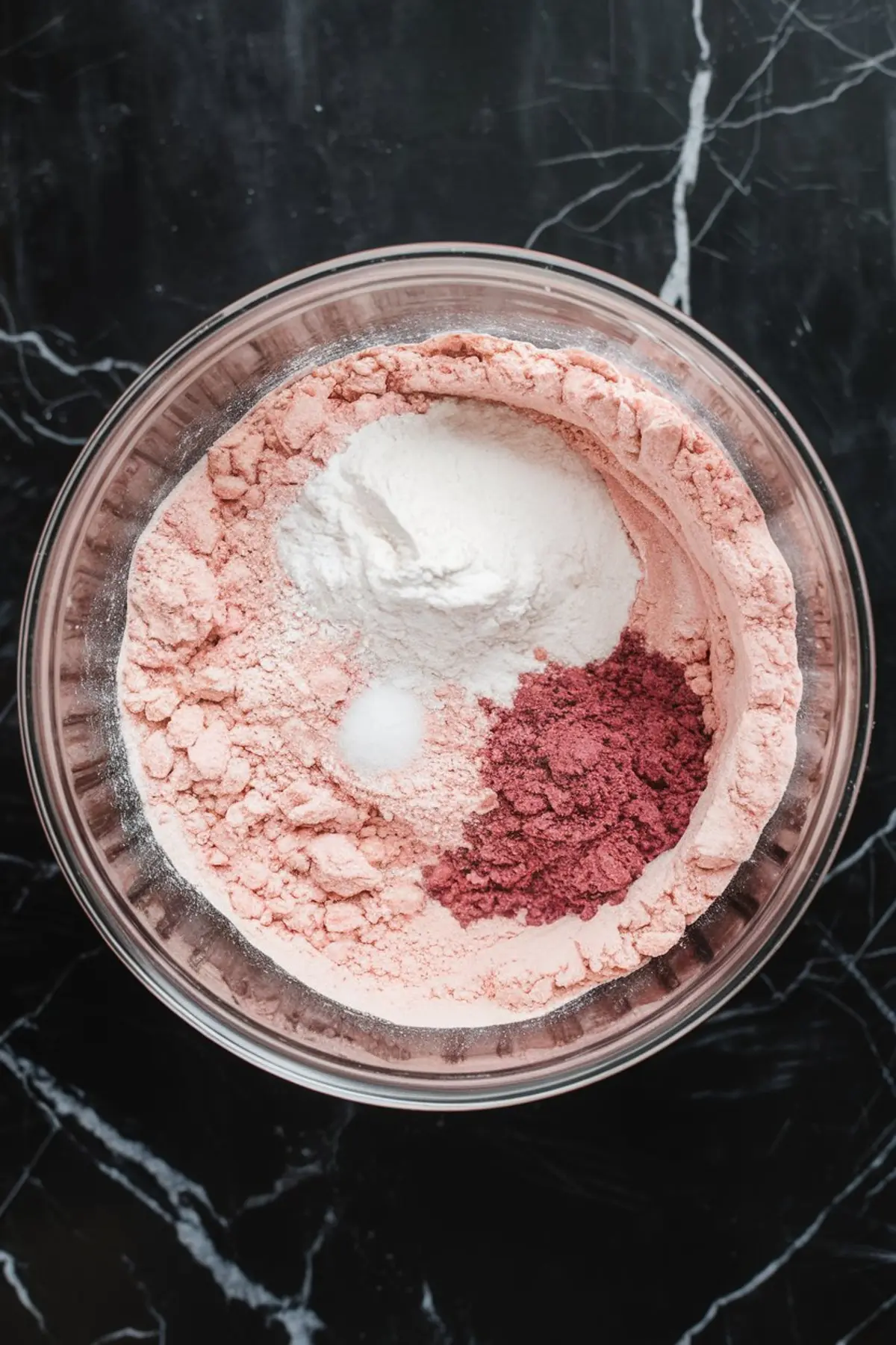 Glass mixing bowl containing dry ingredients for strawberry crinkle cookies, including flour, sugar, salt, and strawberry powder, set on a dark marble countertop.
