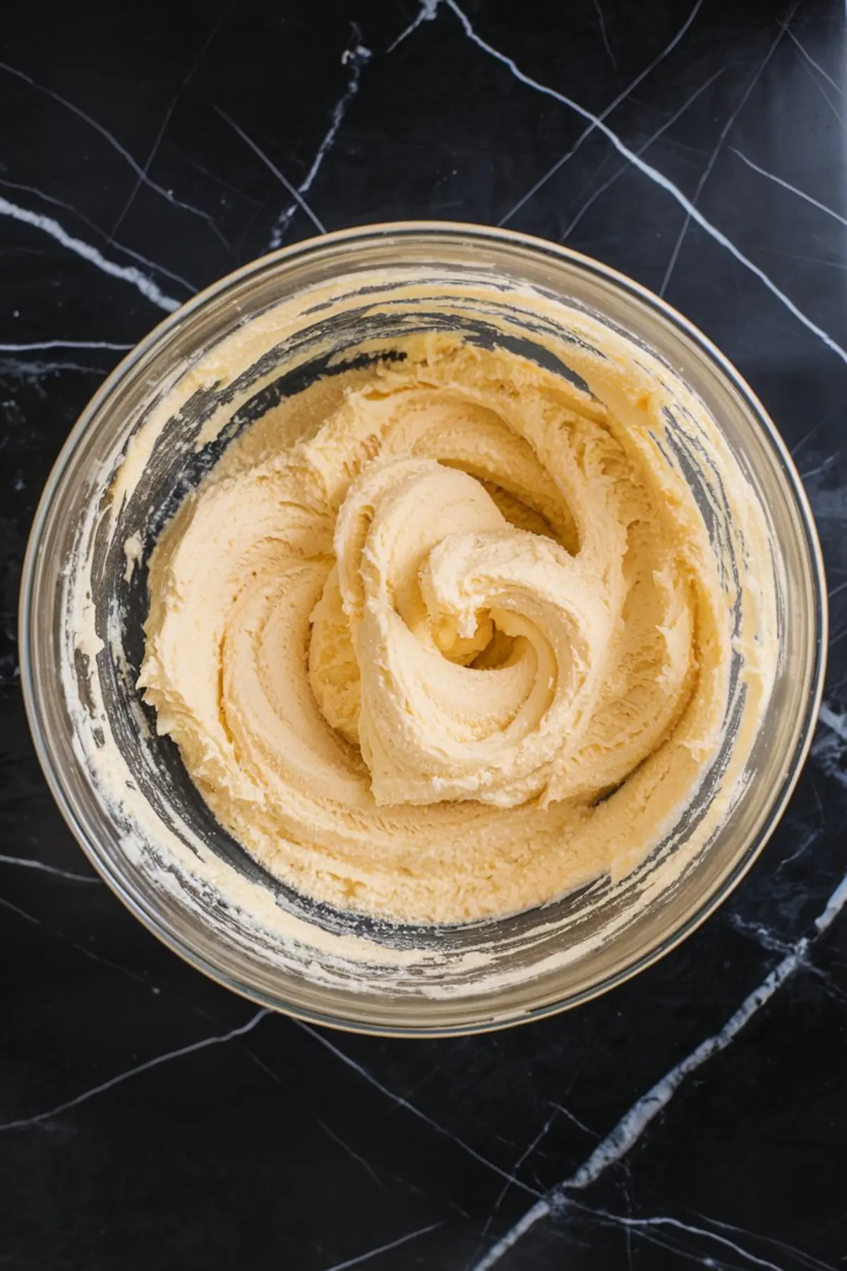 Creamy, whipped butter mixture in a clear glass bowl on a dark marble surface, prepared for strawberry crinkle cookie dough.