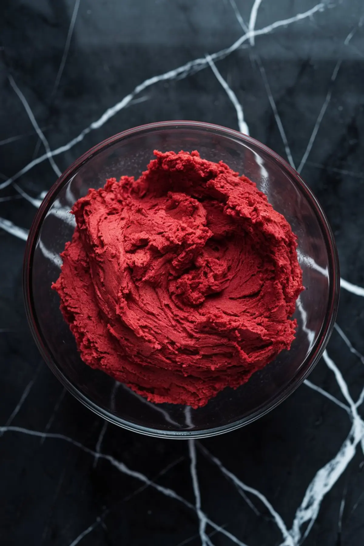 Creamy, whipped butter mixture in a clear glass bowl on a dark marble surface, prepared for strawberry crinkle cookie dough.
