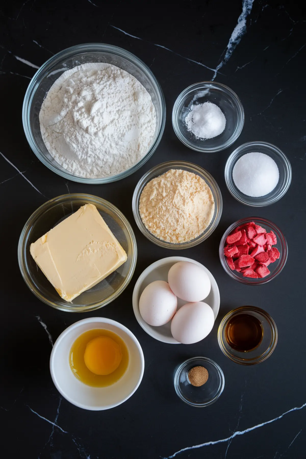 Flat lay of measured ingredients for strawberry crinkle cookies, including flour, butter, sugar, powdered strawberries, eggs, vanilla extract, and baking powder, arranged in glass bowls on a dark countertop.