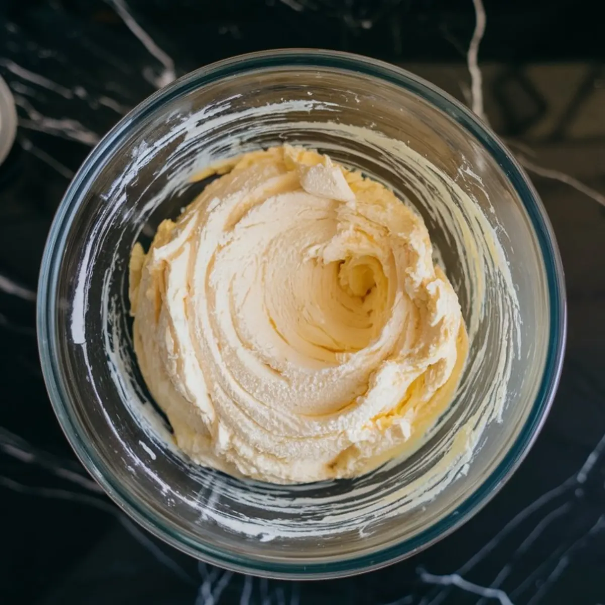 Whipped butter and sugar mixture in a glass bowl, creamed to a smooth and fluffy consistency on a dark marble countertop.