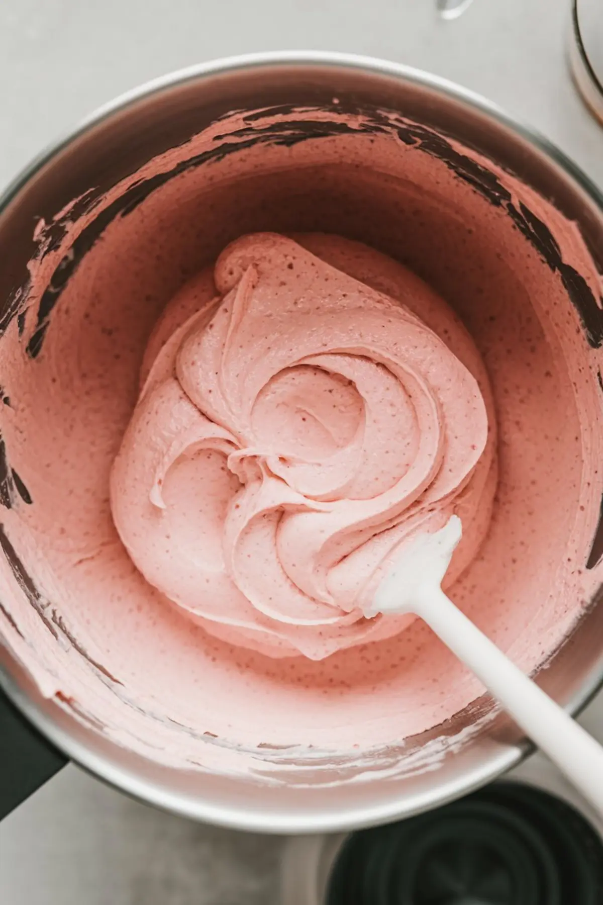 Strawberry buttercream frosting in a mixing bowl with a spatula, featuring a soft pink color and airy, whipped texture.