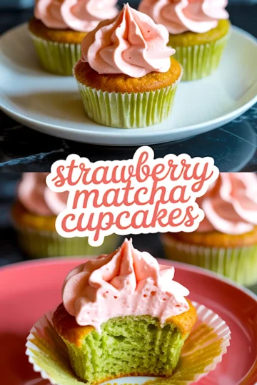 Collage showing strawberry matcha cupcakes with swirled pink frosting on top of green tea cupcakes, including a close-up of one cupcake with a bite taken out to reveal the soft green interior, and decorative text “strawberry matcha cupcakes”.