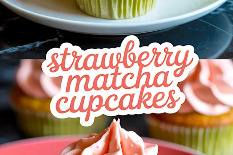 Collage showing strawberry matcha cupcakes with swirled pink frosting on top of green tea cupcakes, including a close-up of one cupcake with a bite taken out to reveal the soft green interior, and decorative text “strawberry matcha cupcakes”.