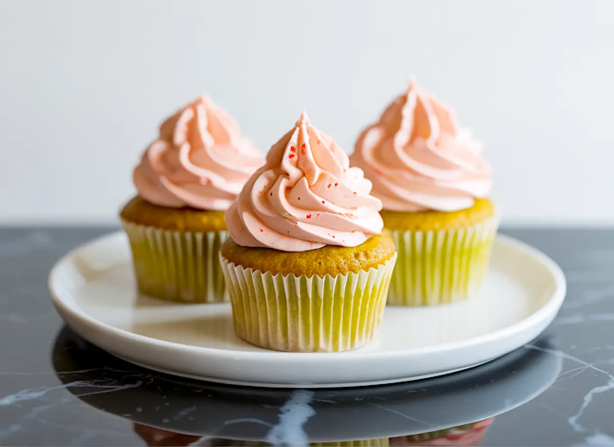 Three strawberry matcha cupcakes displayed on a white plate, topped with pink swirls of strawberry frosting and green wrappers on a marble surface.