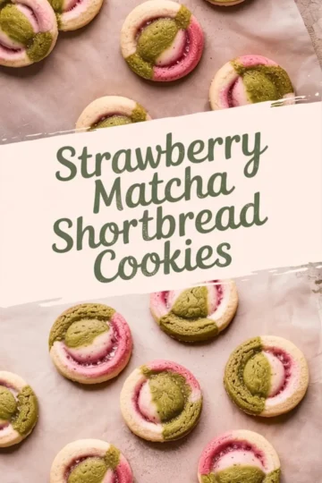 Overhead view of baked strawberry matcha shortbread cookies placed on parchment paper, showcasing bold green matcha and pink strawberry dough swirled into soft, round cookies.