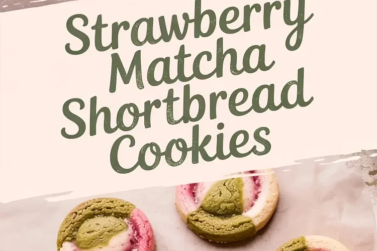Overhead view of baked strawberry matcha shortbread cookies placed on parchment paper, showcasing bold green matcha and pink strawberry dough swirled into soft, round cookies.