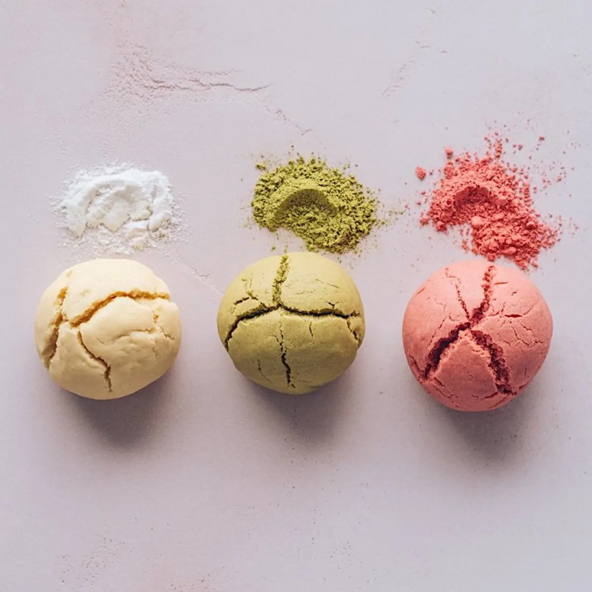Three round cookie dough balls in vanilla, matcha green tea, and strawberry pink, aligned beside piles of their corresponding powders on a pastel surface.
