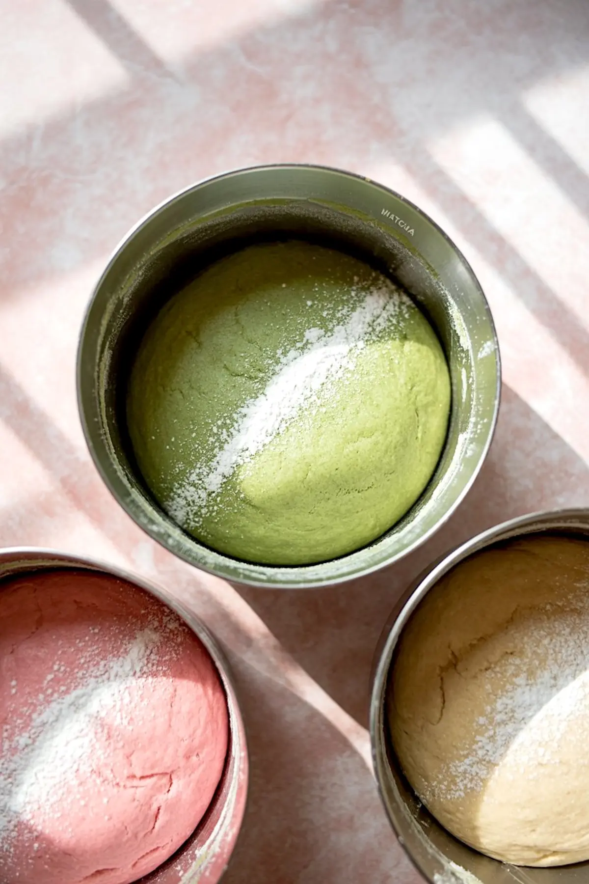 Top-down view of three metal bowls holding vanilla, strawberry, and matcha cookie dough, each dusted lightly with flour in a sunlit kitchen.
